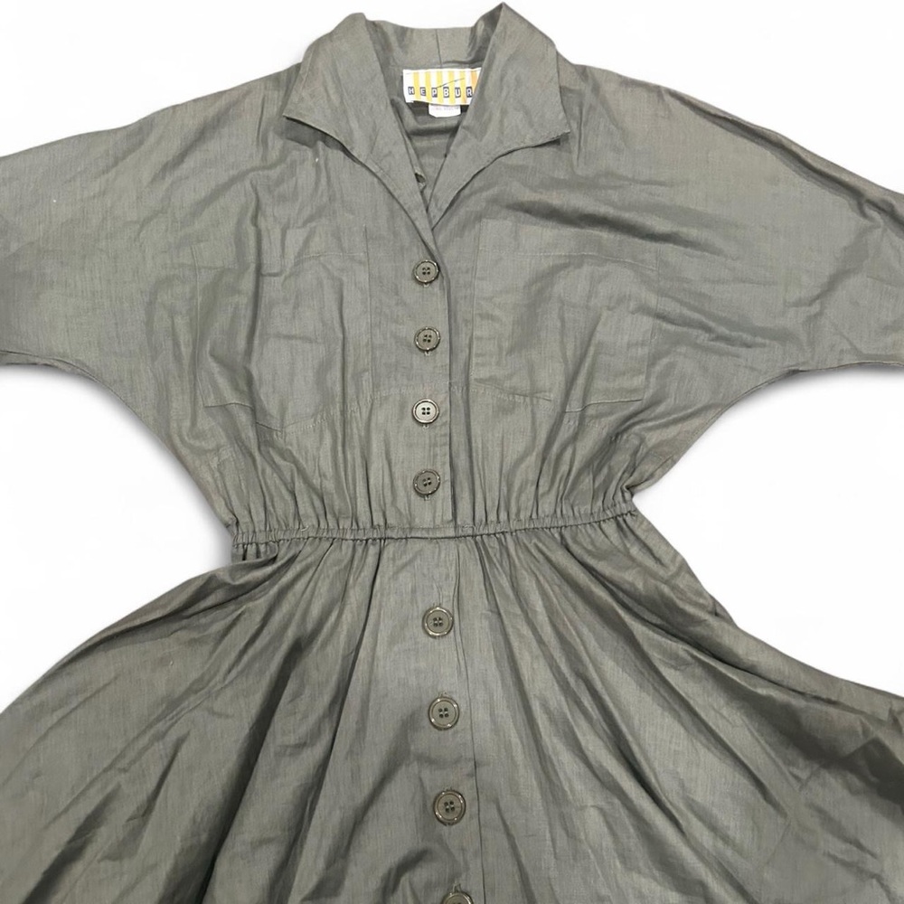 Vintage Hupburn Button-Front Peplum Shirt Dress in Olive Green - Picture 3 of 6